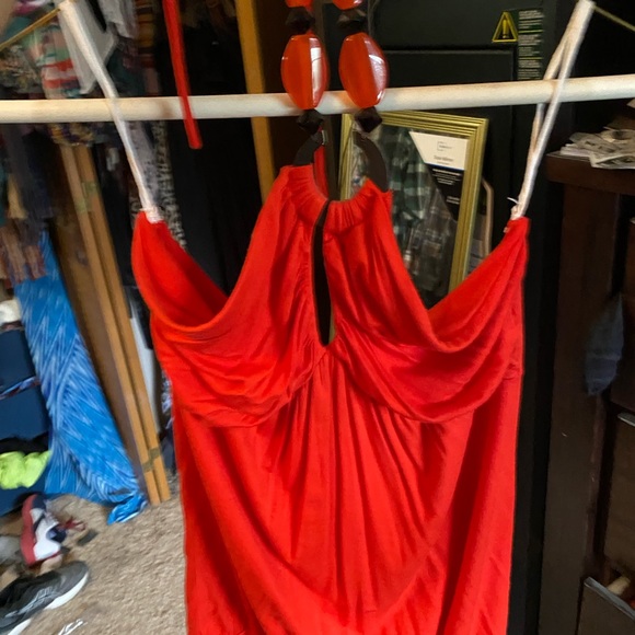 Super cute red/coral/orange tank top with a beaded ornamental neck tie - Picture 1 of 2